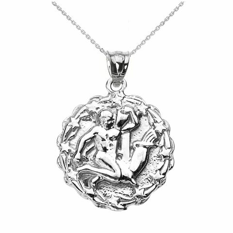925 Sterling Silver Aquarius February Zodiac Sign Round Pendant Necklace