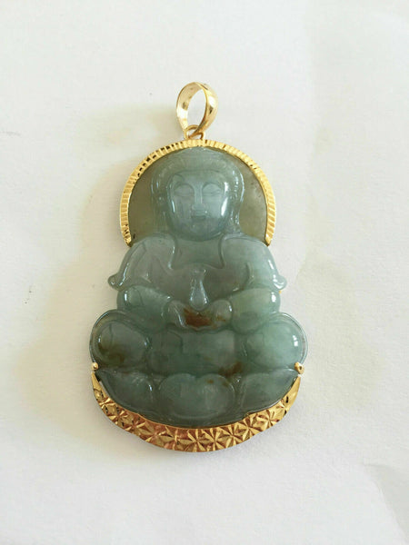 Certified 14K Solid Gold Large Kwan Yin Buddha Natural Jade Pendant - P119