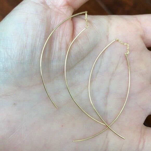 14K Solid Gold Long Curved Wire Threader Earrings - Yellow/  White