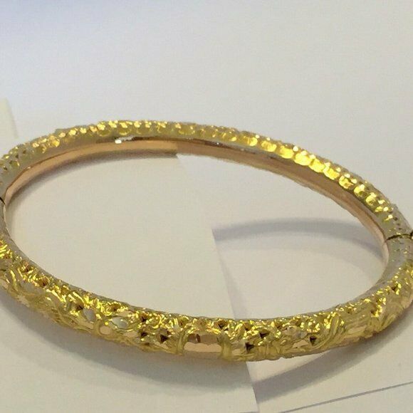 18K Real Fine Yellow Gold Engraved Dragon Phoenix Round Bangle Bracelet 58 mm