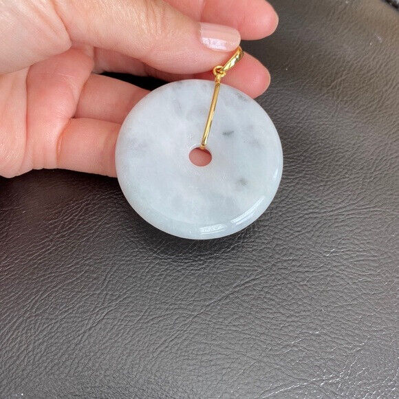 14K Solid Yellow Gold Round Large Donut Natural Jade Pendant Charm White