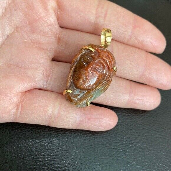 14K Real Solid Gold Natural Jade Carved Jesus Christ Head Pendant Charm