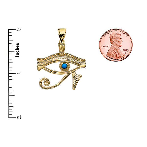 14k Yellow Gold Egyptian Protect Eye of Horus Turquoise Stone Pendant Necklace