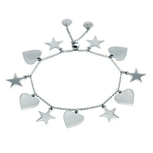 925 Sterling Silver Heart Star Dangle Bracelet Adjustable Length
