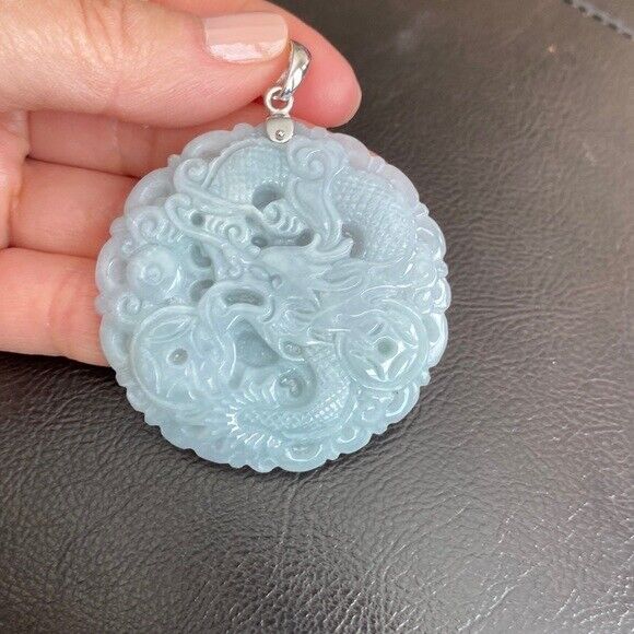 925 Sterling Silver Carving Jade Dragon Large Pendant Necklace