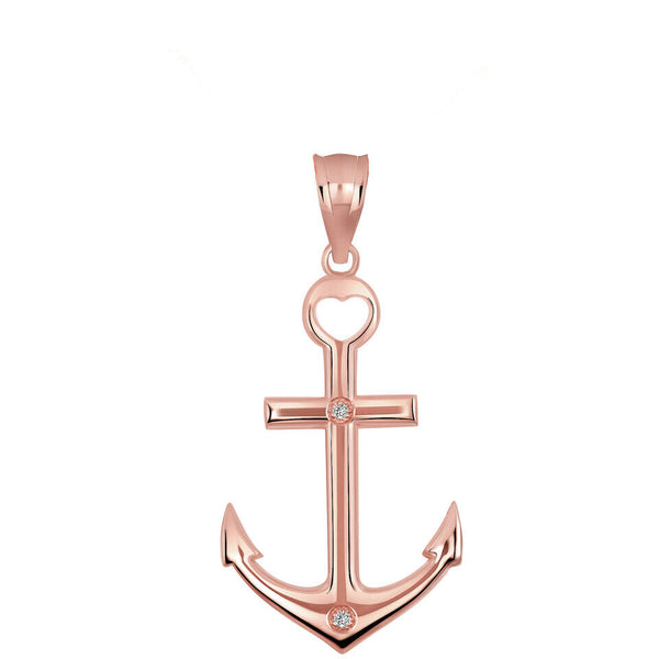14K Solid Gold Anchor Diamond Cross Heart Pendant Necklace - Yellow, Rose, White