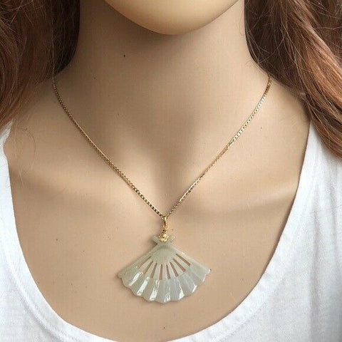 18K Solid Gold Asian Hand Fan Natural Jade Pendant - Yellow Gold