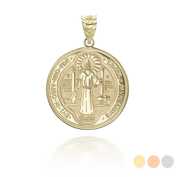 14K Solid Gold Saint Benito Prayer Double 2 sided Pendant Necklace