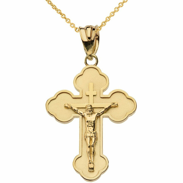 Solid Gold 10K Double Sided Eastern Orthodox Russian Crucifix S Pendant Necklace