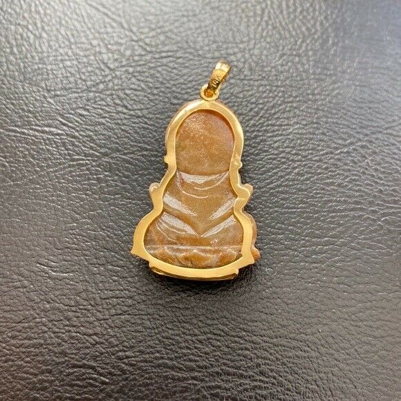 14K Solid Gold Guanyin Kwan Yin Female Buddha Natural Red Jade Pendant