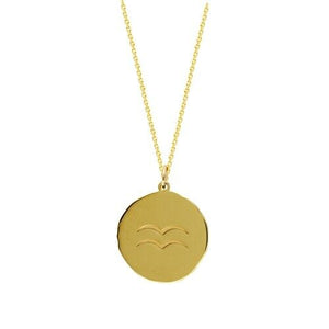 14K Solid Yellow Gold Organic Disk Engraved Aquarius Zodiac Pendant Necklace