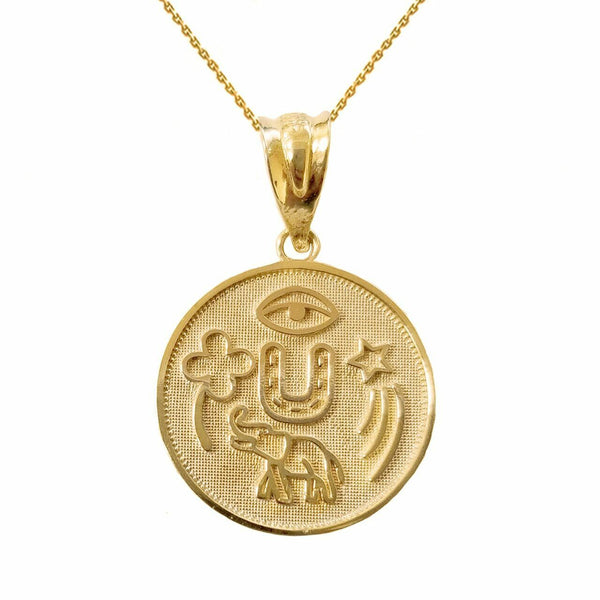 10k 14k Solid Gold Lucky Charms Amulet Good Luck Disc Medallion Pendant Necklace