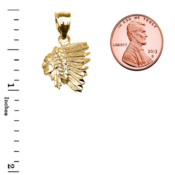 14K Solid Gold Native American Indian Head Pendant Necklace -Yellow Rose White