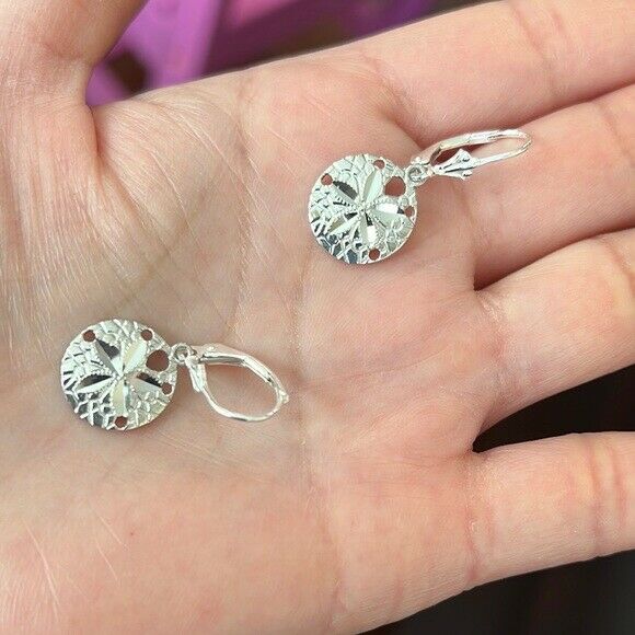 925 Sterling Silver Sand Dollar Drop/Dangle Leverback Earrings
