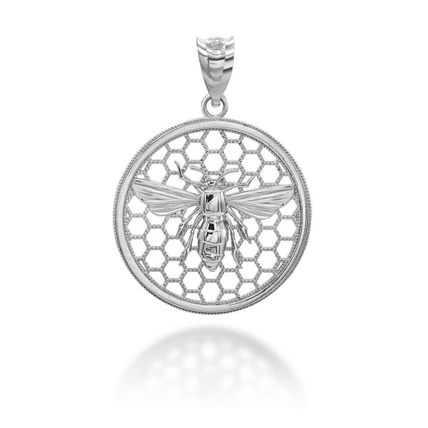 14K Solid Gold Queen Bee Honey Comb Pendant Necklace - Yellow, Rose, or White