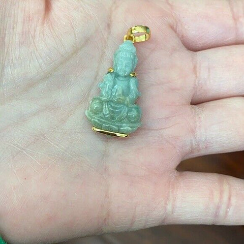 14K Solid Gold Guanyin Kwan Yin Female Buddha Natural Jade Pendant Small Size