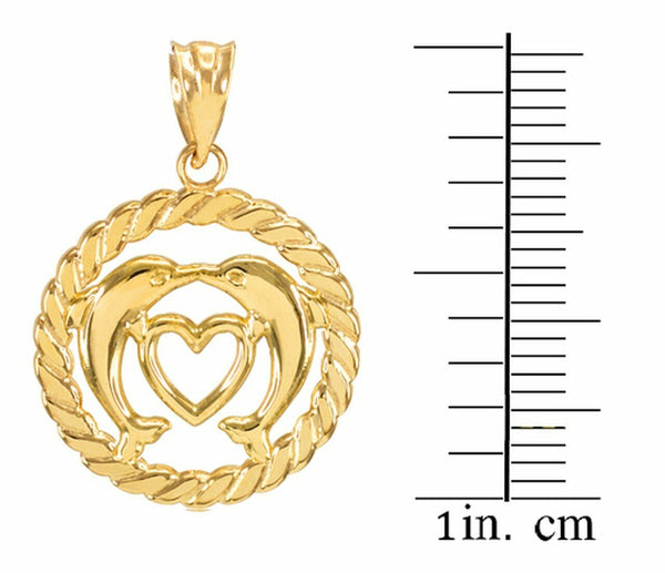 10k Solid Yellow Gold Heart Kissing Dolphins in Circle Rope Pendant Necklace