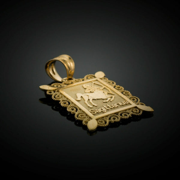 10k Solid Gold Sagittarius Zodiac Sign Filigree Rectangular Pendant Necklace