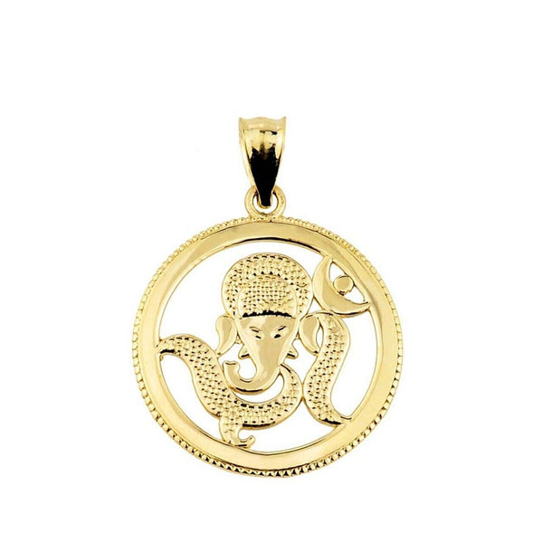 10K Solid Gold Hindu Lord Ganesha Pendant Necklace - Yellow, Rose, or White Gold