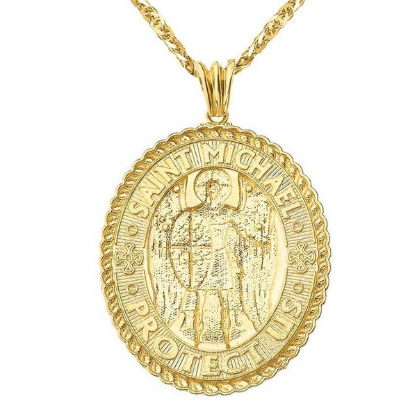 14k Solid Gold St. Saint Michael Protect Us Pendant Oval Yellow White Rose