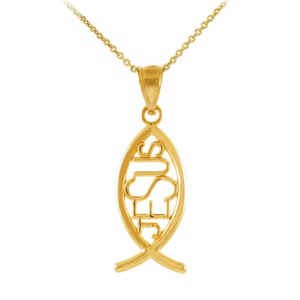 10k Solid Yellow Gold Ichthus Jesus Fish Inscribed Vertical Pendant Necklace