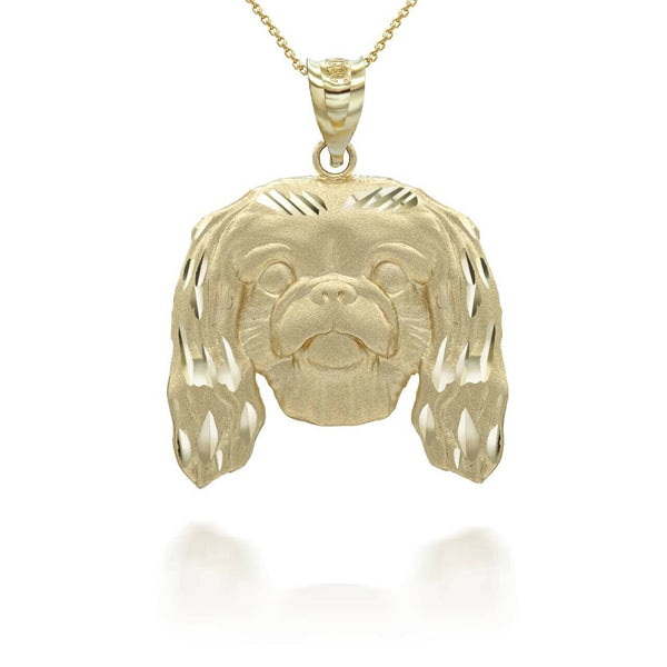 10K Solid Gold Dog Pekingese Pendant Necklace  - Yellow, Rose, White