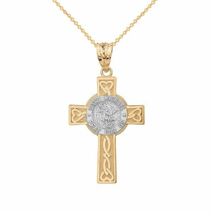 14k Two Tone Gold St. Michael Pray For Us Celtic Heart Cross Pendant Necklace