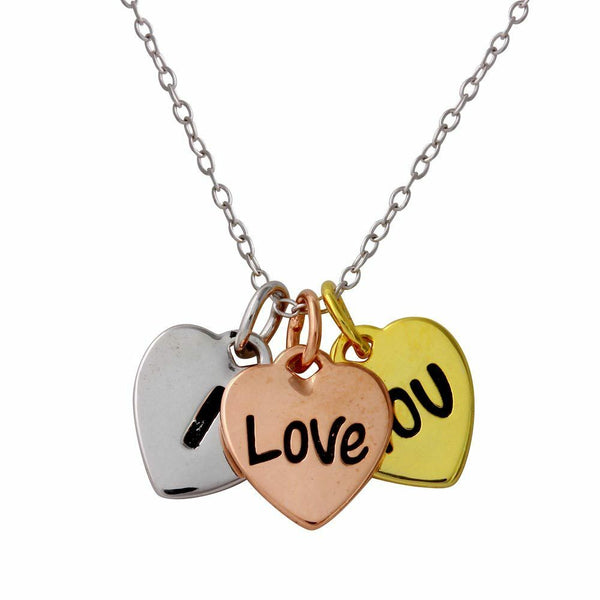 Fine Sterling Silver 925 Tri-Color Plated I Love YOU Heart Necklace
