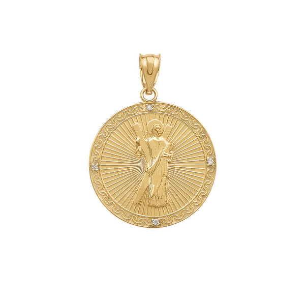 10k Yellow Gold Saint Andrew of Assisi Medallion Diamond Small Pendant Necklace