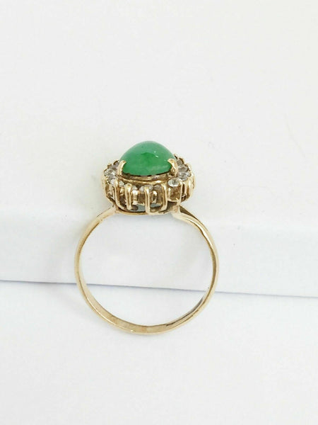 14K Solid Yellow Gold Teardrop Green Jade CZ Ring Size 4.75