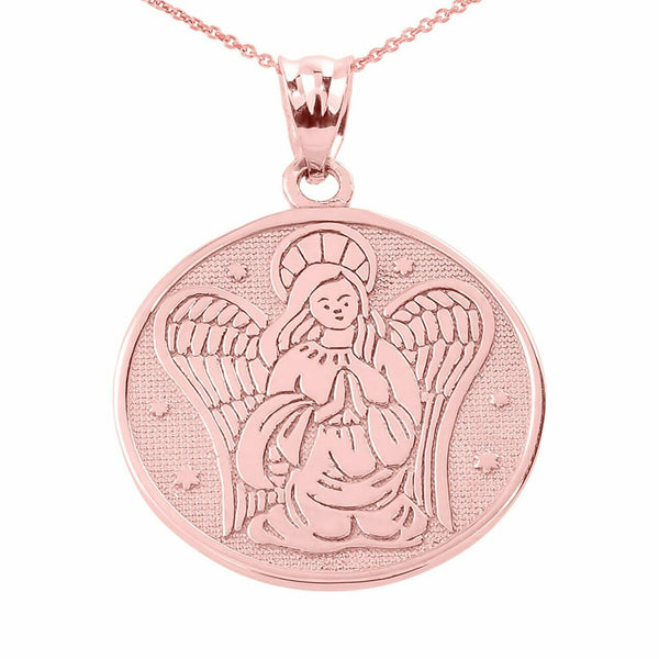 10k Solid Two Sided Rose Gold Guardian Angel Charm Pendant Necklace