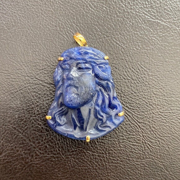 14K Real Solid Gold Carving Jesus Sodalite Christ Head Pendant Charm Large