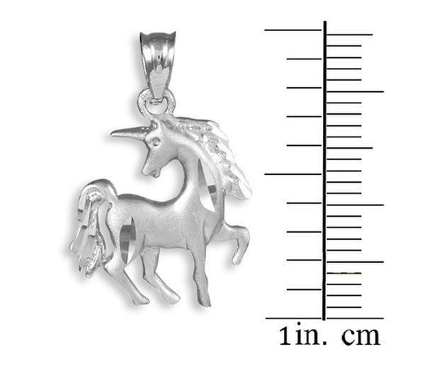 Sterling Silver Satin Finish Diamond Cut Silver Unicorn Charm Pendant Necklace