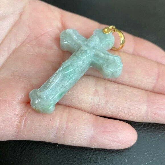 14k Solid Real Yellow Gold Jesus Crucifix Carved Jade A Cross Religious Pendant