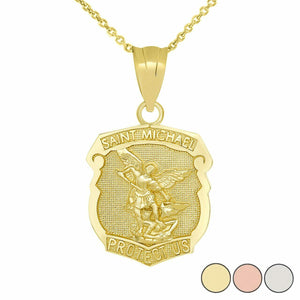 14k Solid Yellow Gold Saint Michael Protect Us Shield Pendant Necklace