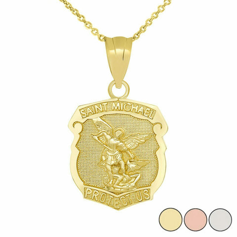 14k Solid Yellow Gold Saint Michael Protect Us Shield Pendant Necklace