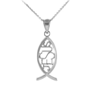 925 Sterling Silver Ichthus JESUS Inscribed Vertical Pendant Necklace