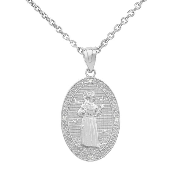 10K Solid Gold Saint Francis of Assisi Oval Medallion Diamond Pendant Necklace
