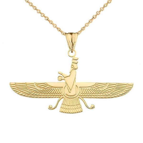 14K Solid Gold Persian God Faravahar Pendant Necklace - Yellow, Rose, or White