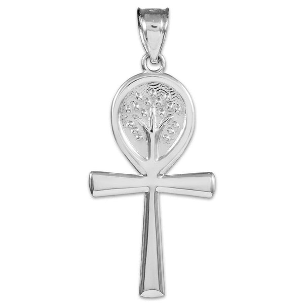10K Real White Gold Ankh Cross Tree of Life Pendant Necklace