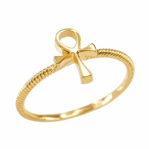 10k Yellow Gold Women's Dainty Egyptian Ankh Cross Ring