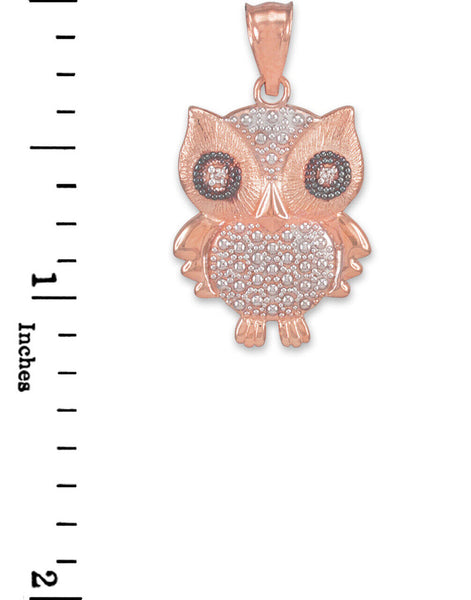 14K Solid Gold Owl Diamonds Pendant Necklace - Yellow, Rose, or White