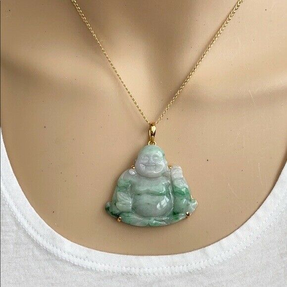 14K Solid Real Gold Natural Jadeite Jade Happy Laughing Buddha Pendant 705