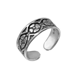 Real 925 Sterling Silver Flower Link Adjustable Toe Finger Ring Oxidized