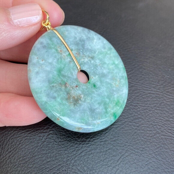 14K Solid Yellow Gold Round Large Donut Natural Jade Pendant Charm Green