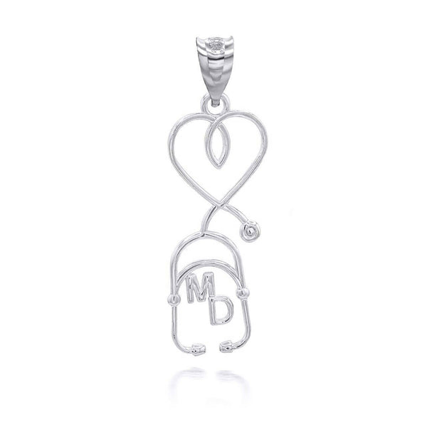 14K Solid Gold Medical Doctor MD Heart Stethoscope Pendant Necklace