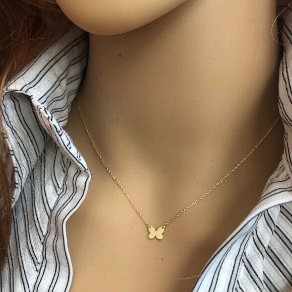 14K Solid Gold Mini Butterfly Dainty Necklace - Minimalist Yellow Adjust 16"-18