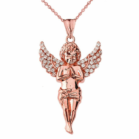 14k Solid Rose Gold Angel CZ Religious Pendant Necklace