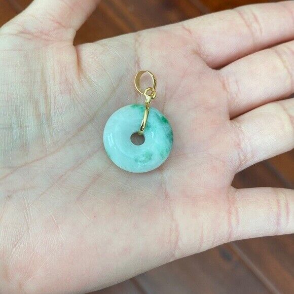 14K Solid Yellow Gold Small Round Donut Natural Jade Pendant Necklace