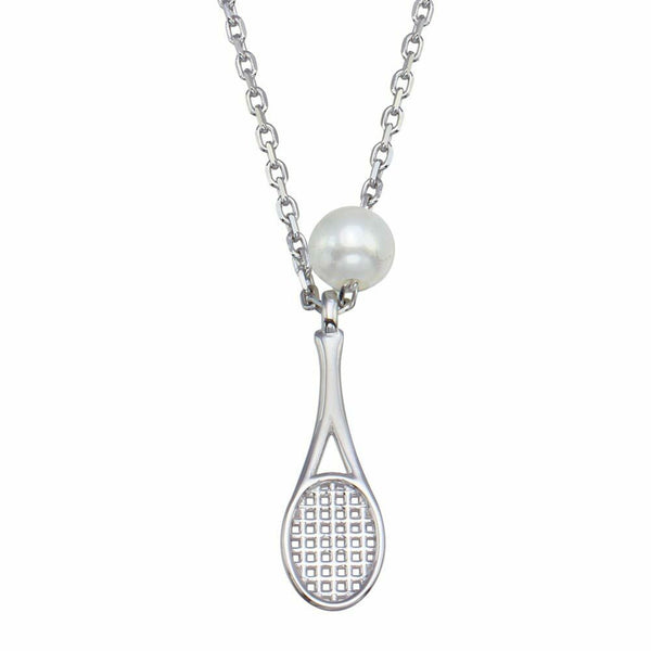 925 Fine Sterling Silver Synthetic Mother of Pearl Tennis Racket Necklace